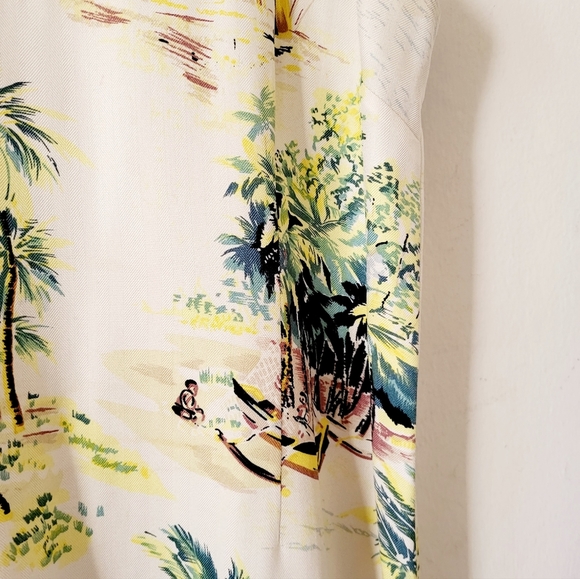 Tiki Classics 100% Silk Summer Dress Beige Palm Tree and Canoe Print Size L - Picture 5 of 8